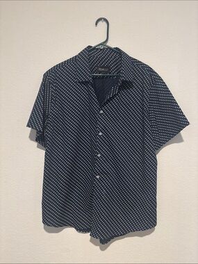 Men's Navy Patterned Short-Sleeve Button-Up Shirt